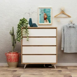 Armoire dressing chambre effet bois, 8 portes blanches BYRON