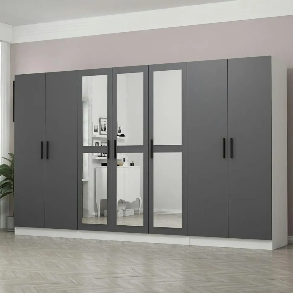 Armoire dressing grise et blanche 7 portes, 5 penderies BYRON