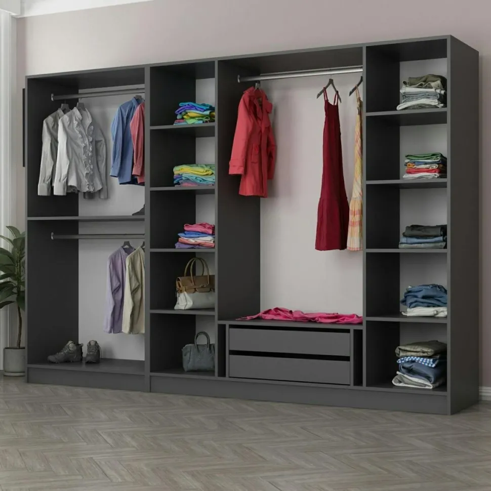 Armoire dressing ouvert anthracite, 3 portants BYRON