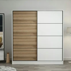 Armoire penderie à portes coulissantes, blanc & effet bois BYRON