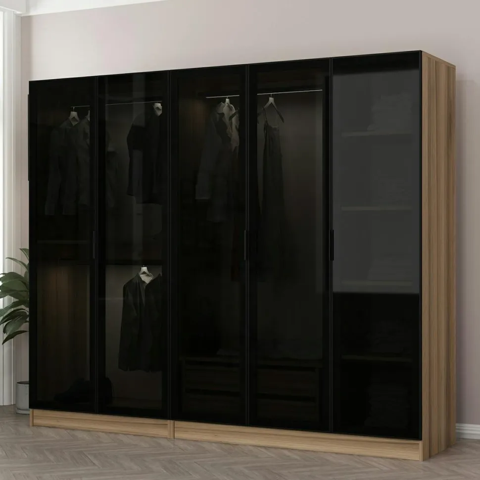 Armoire penderie 5 portes verre et cadre anthracite BYRON
