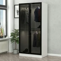 Armoire penderie blanche - 2 portes vitrées H. 210 cm BYRON