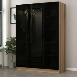 Armoire penderie design effet bois, 3 portes vitrées BYRON
