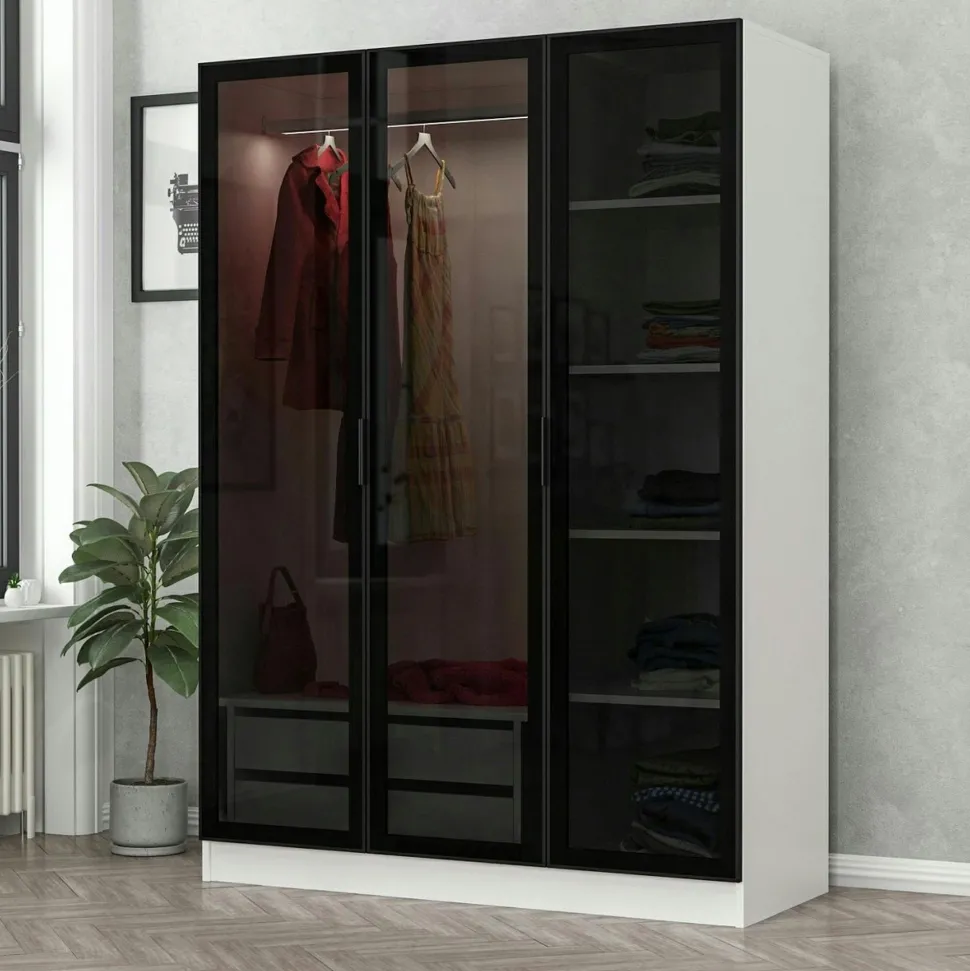 Armoire penderie design effet bois, 3 portes vitrées BYRON