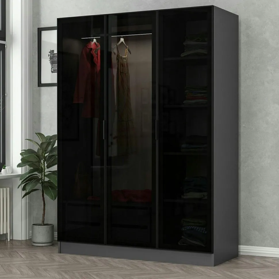 Armoire penderie design effet bois, 3 portes vitrées BYRON