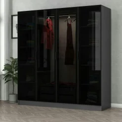 Armoire penderie design gris 4 portes vitrées H 190 cm BYRON