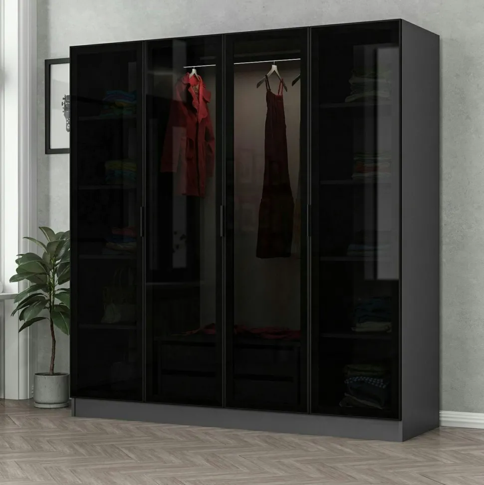 Armoire penderie grise 4 portes verre H 210 cm BYRON