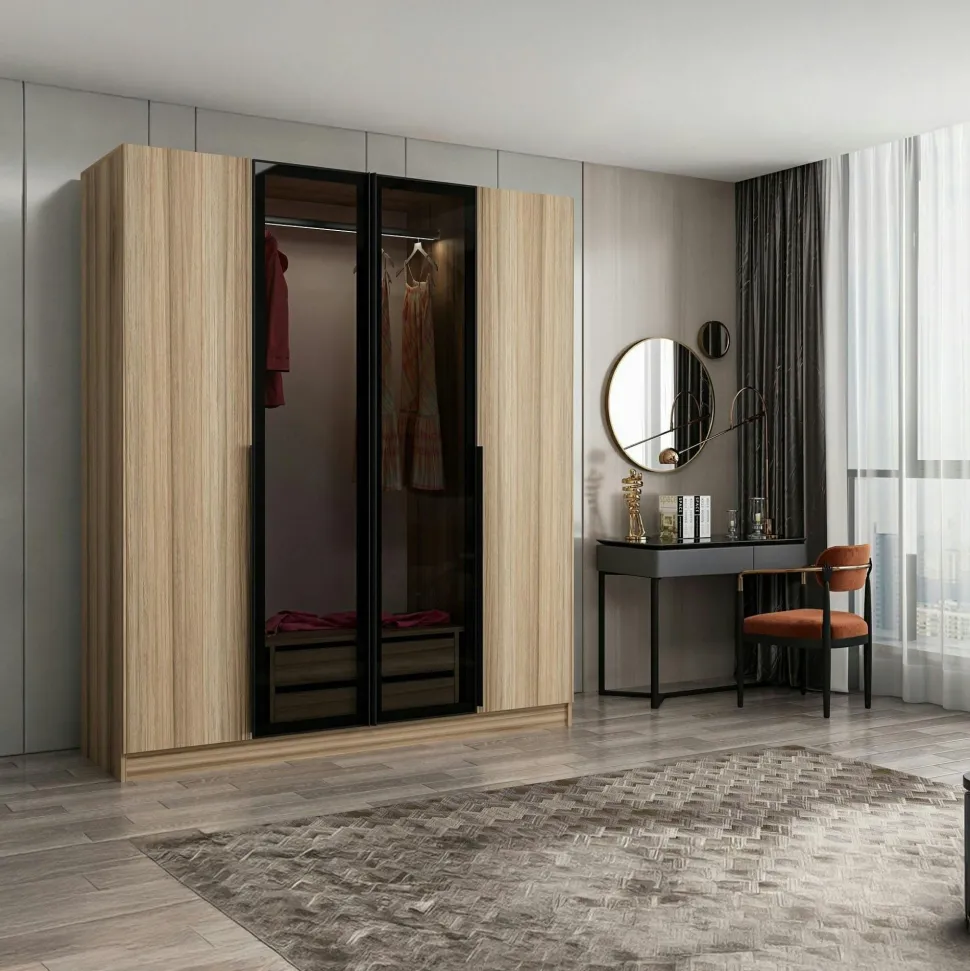 Armoire penderie grise 4 portes verre H 210 cm BYRON