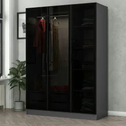 Armoire penderie grise design, 3 portes vitrées BYRON