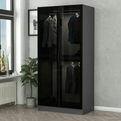 Armoire penderie grise vitrée - 2 portes H.210 cm BYRON