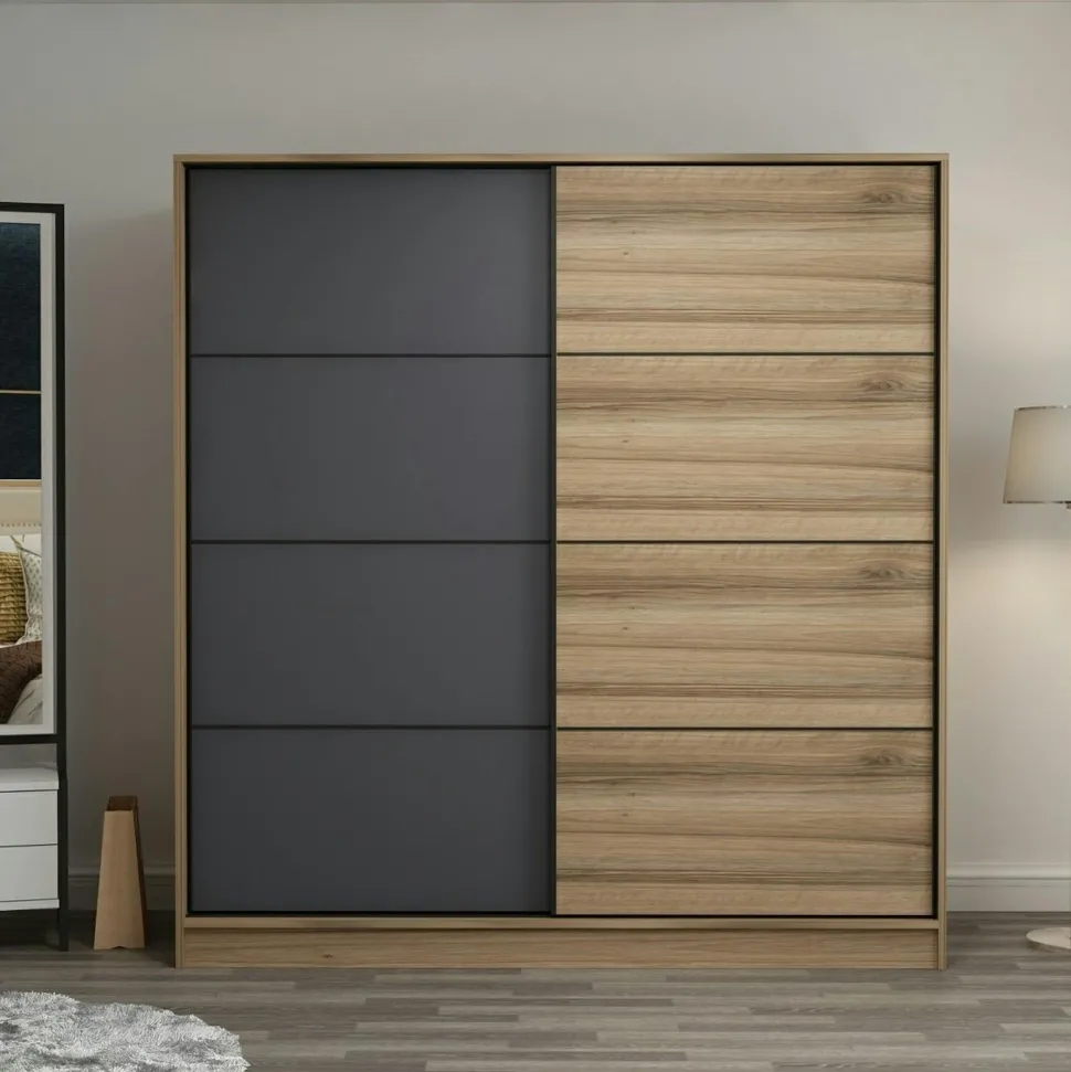 Armoire penderie moderne effet bois et gris L.180 cm BYRON