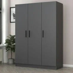 Armoire penderie moderne effet bois - 3 portes grises BYRON
