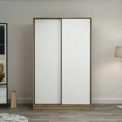 Armoire penderie portes coulissantes effet bois & blanc BYRON