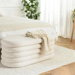 Banc coffre arrondi tissu écru déco cosy COLOMBUS