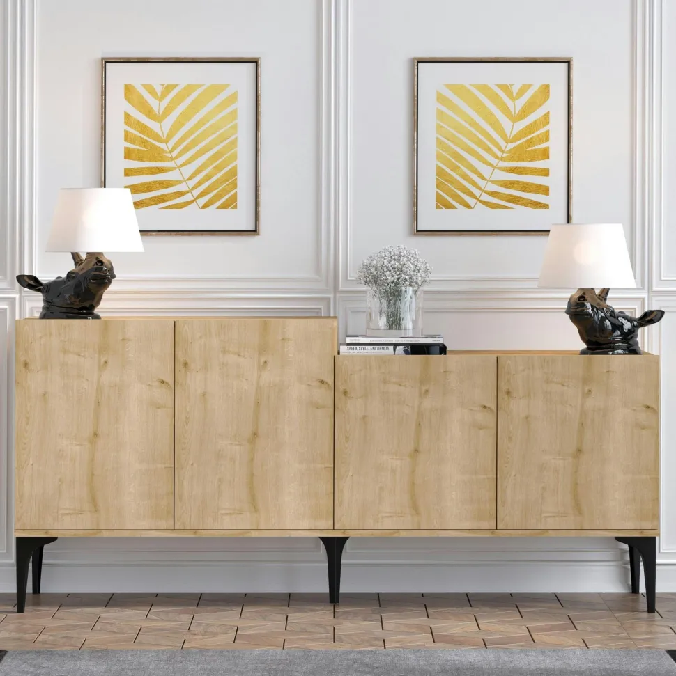 Banc TV avec rangement effet bois clair - 2 portes, 180 cm JENA
