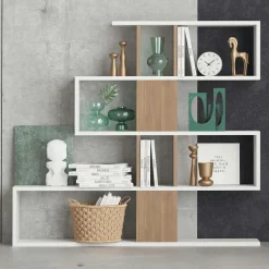 Bibliothèque blanche et effet noyer avec niches, 120 cm MARFA