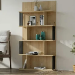 Bibliothèque design effet bois noyer niches asymétriques UMEA