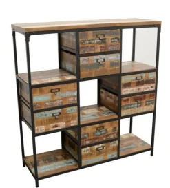 Bibliothèque Double Faces 8 tiroirs, 5 niches cubes en Hévéa recyclé coloré et métal 120x40x128cm LOFT COLORS