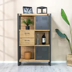Bibliothèque Etagère Inspiration Indus' en Acacia et Métal, 5 plateaux et 1 tiroir métal 90x35x195cm BROOKLYN
