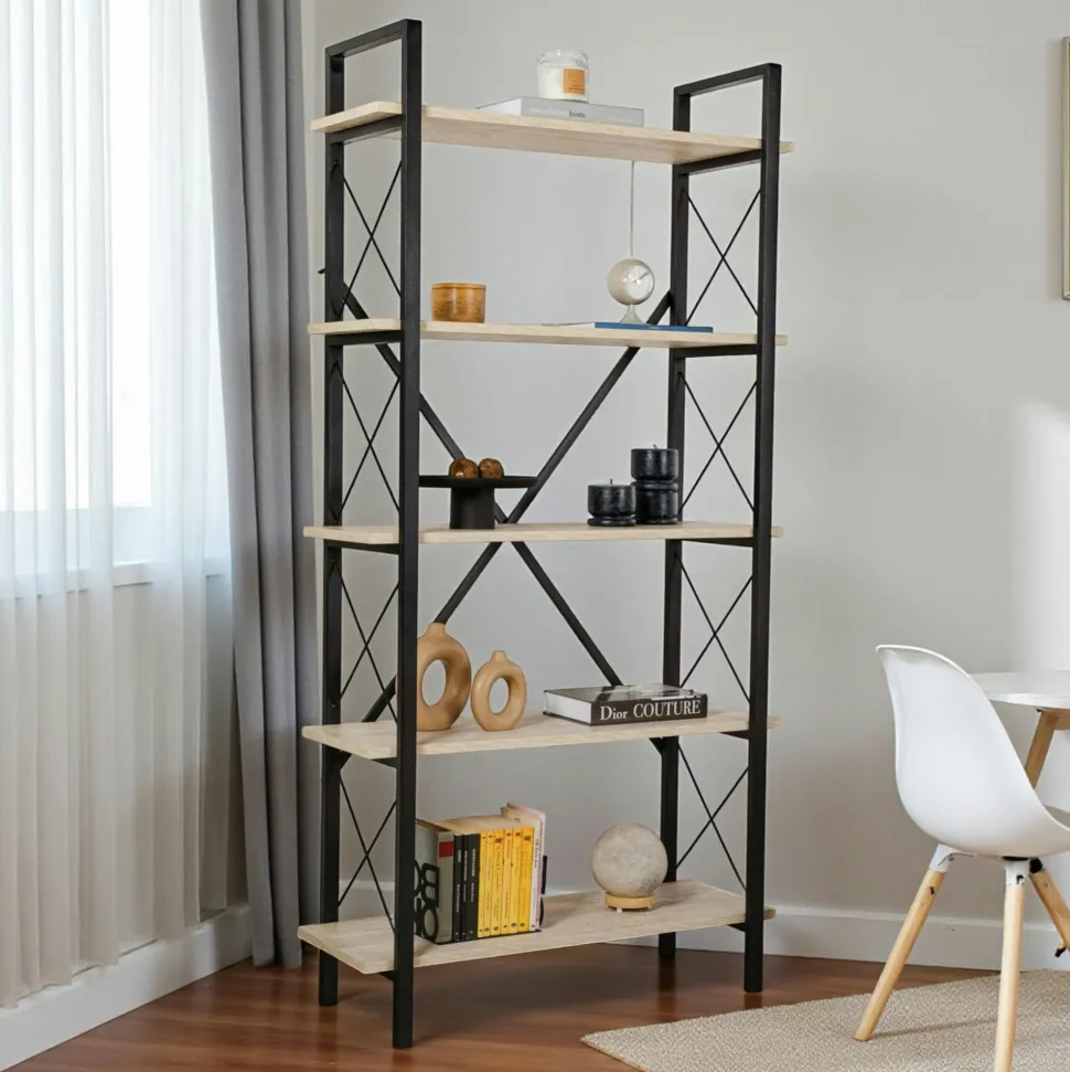Bibliothèque étagère noire, 5 plateaux effet pin JENA