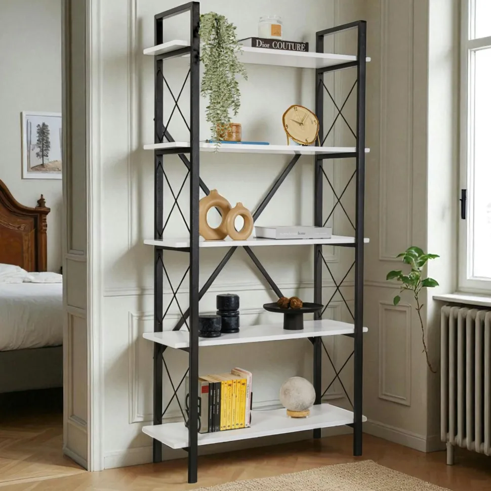 Bibliothèque étagère noire, 5 plateaux effet pin JENA