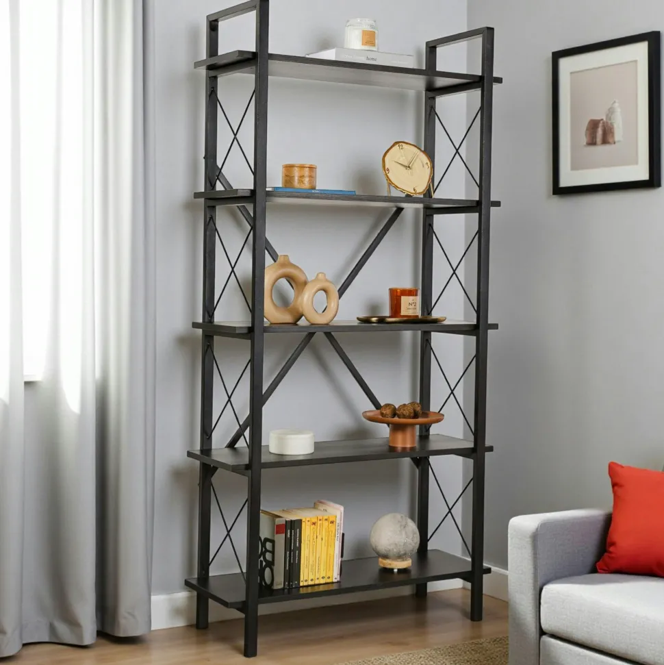 Bibliothèque étagère noire, 5 plateaux effet pin JENA