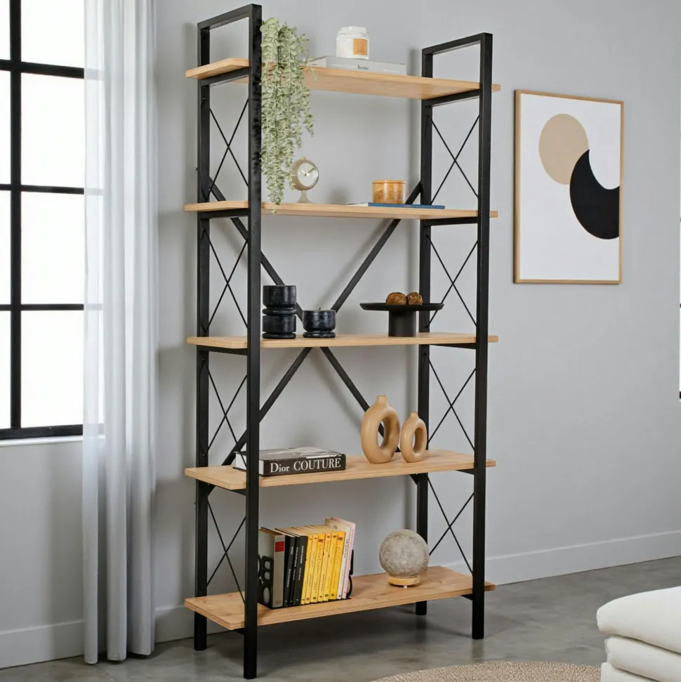 Bibliothèque étagère noire, 5 plateaux effet chêne clair JENA