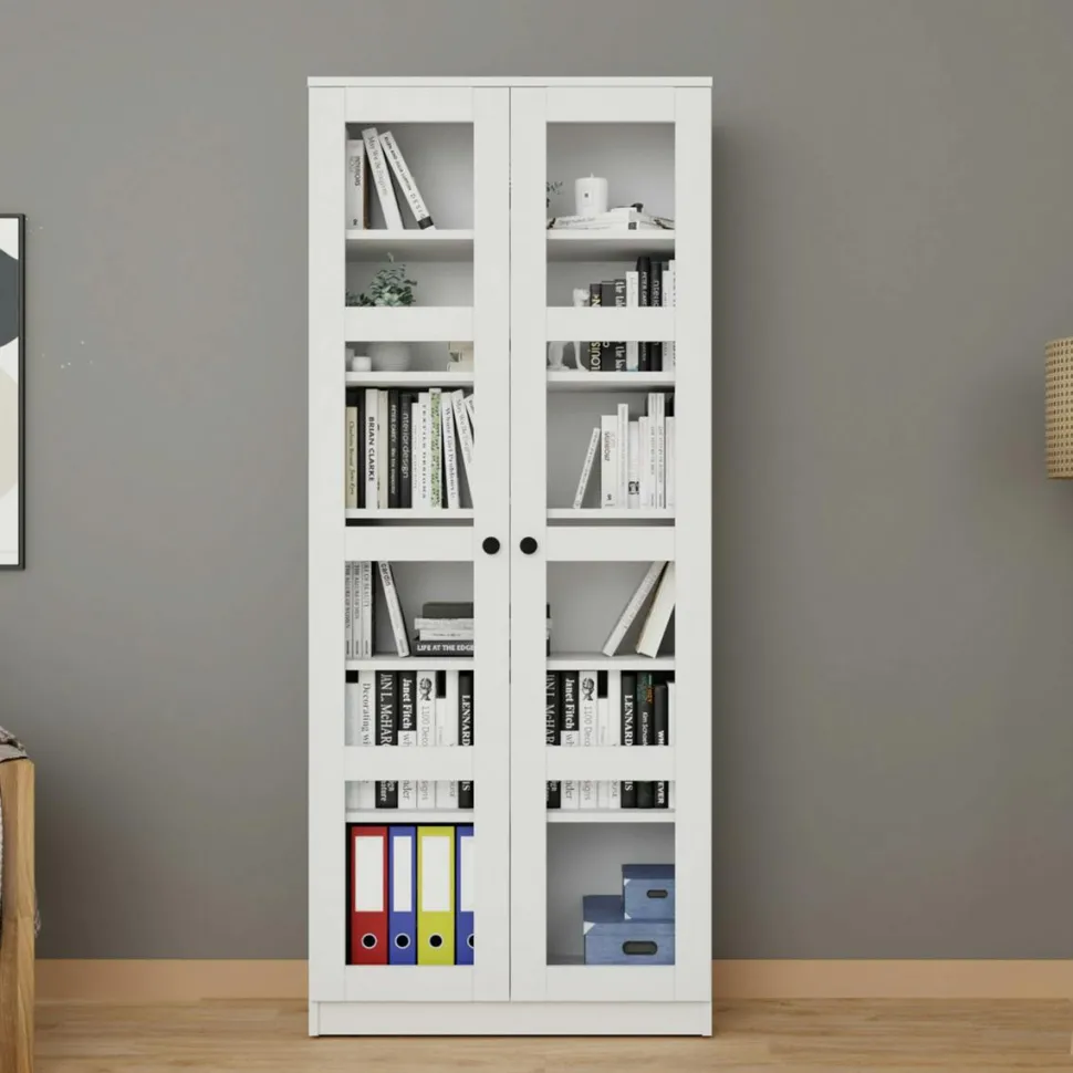Bibliothèque vitrine blanche, 6 étagères réglables SALTA