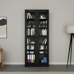 Bibliothèque vitrine noire, 6 étagères réglables SALTA