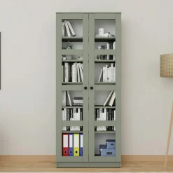 Bibliothèque vitrine vert sauge, 6 étagères réglables SALTA