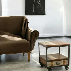 Bout de Canapé / Table de Chevet à roulettes 1 tiroir, double plateaux en Hévéa recyclé coloré et métal 50x50x55cm LOFT COLORS
