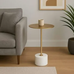 Bout de canapé design en marbre avec plateau doré Ø51 cm TALLINN