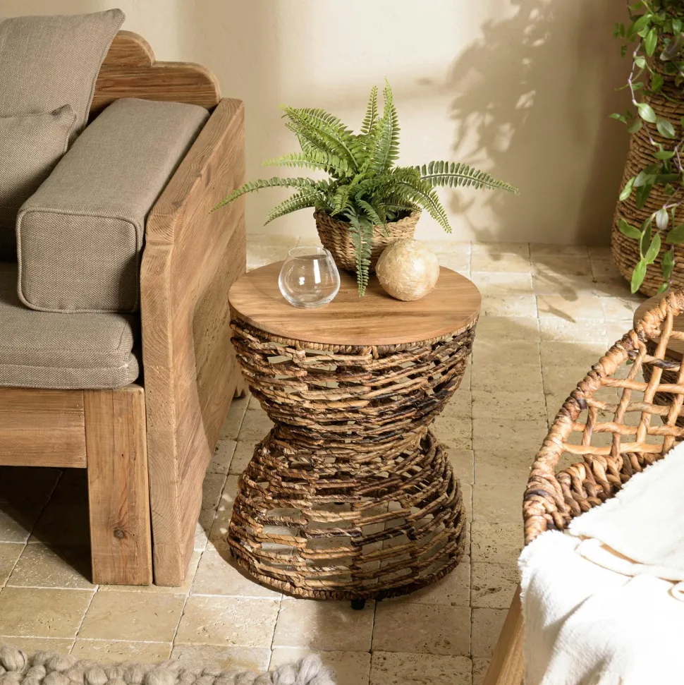 Bout de canapé rond en rotin beige plateau bois 41 cm SWING