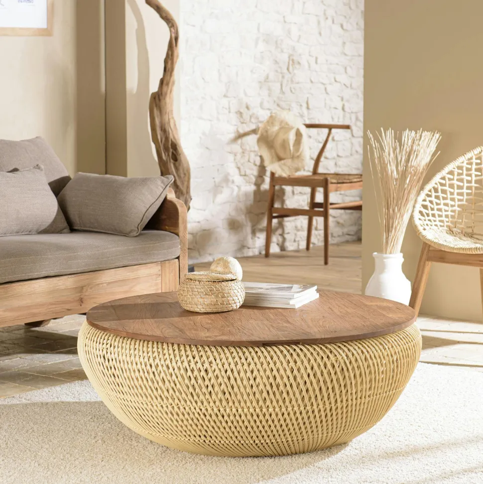 Bout de canapé rond en rotin beige plateau bois 41 cm SWING
