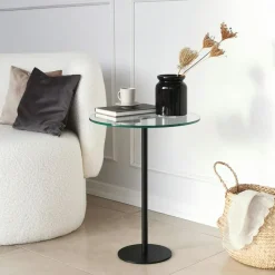 Bout de canapé rond en verre, pied métal noir Ø40 cm TULUM