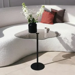 Bout de canapé rond en verre, pied métal noir Ø40 cm TULUM