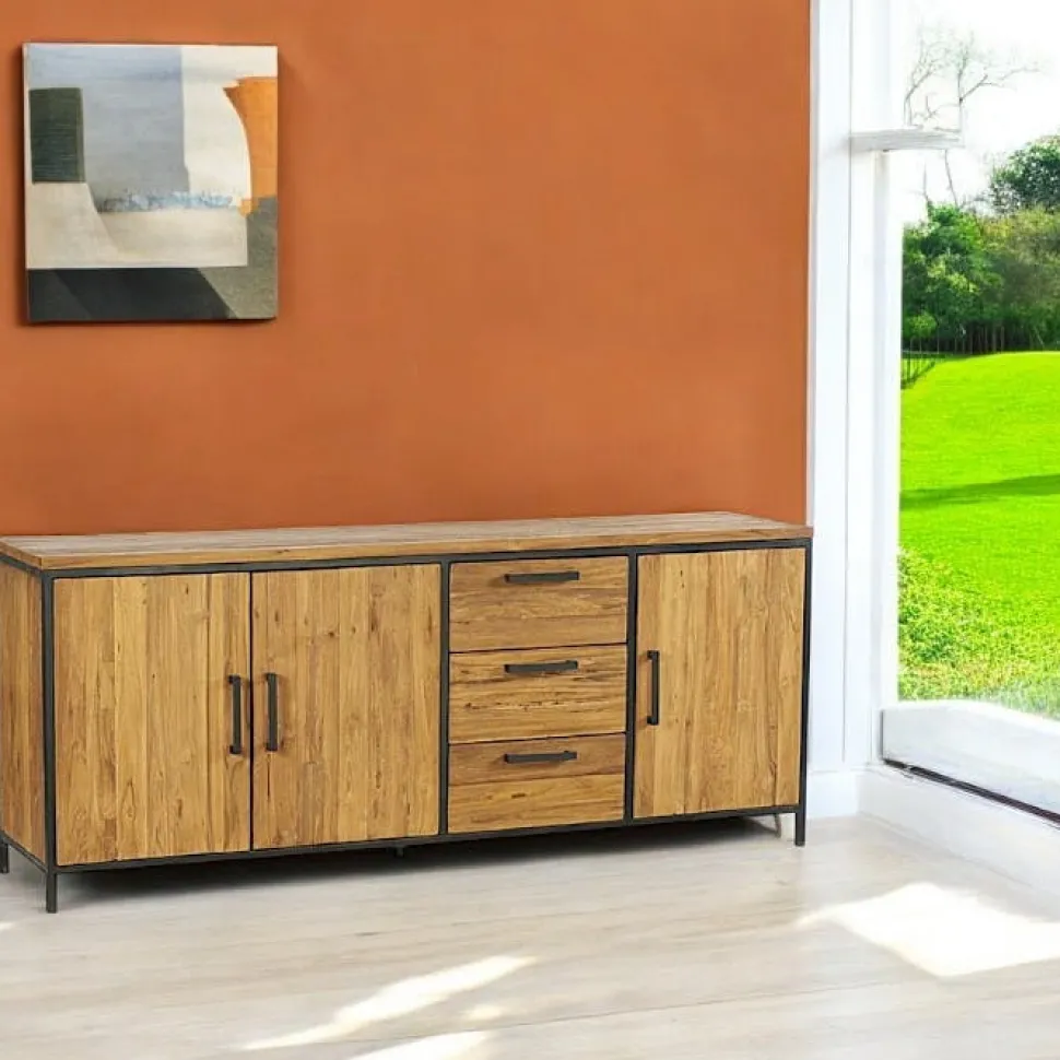 Buffet 3 portes teck poignées métal PUNE