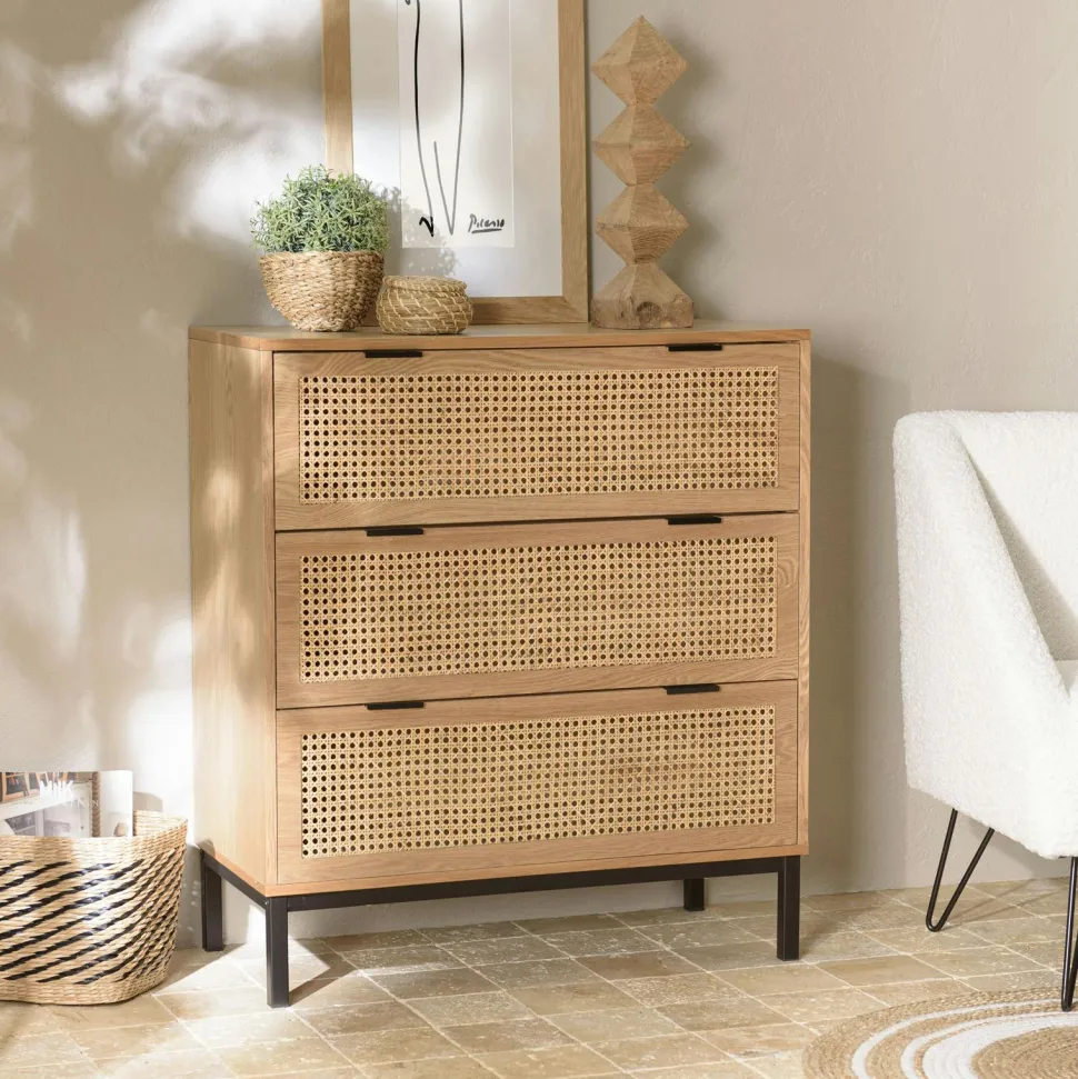 Buffet bas 3 portes cannage naturel pieds métal PALMA