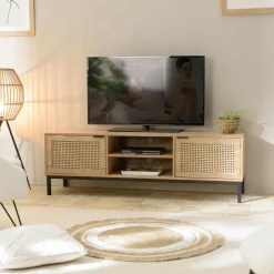 Buffet bas 3 portes cannage naturel pieds métal PALMA