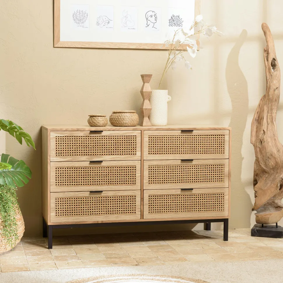 Buffet bas 3 portes cannage naturel pieds métal PALMA