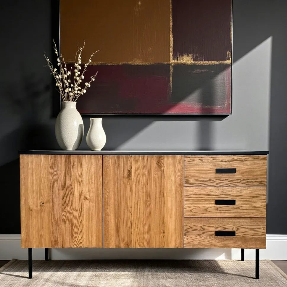 Buffet bas 2 portes en bois bicolore, façade ondulée TARAN