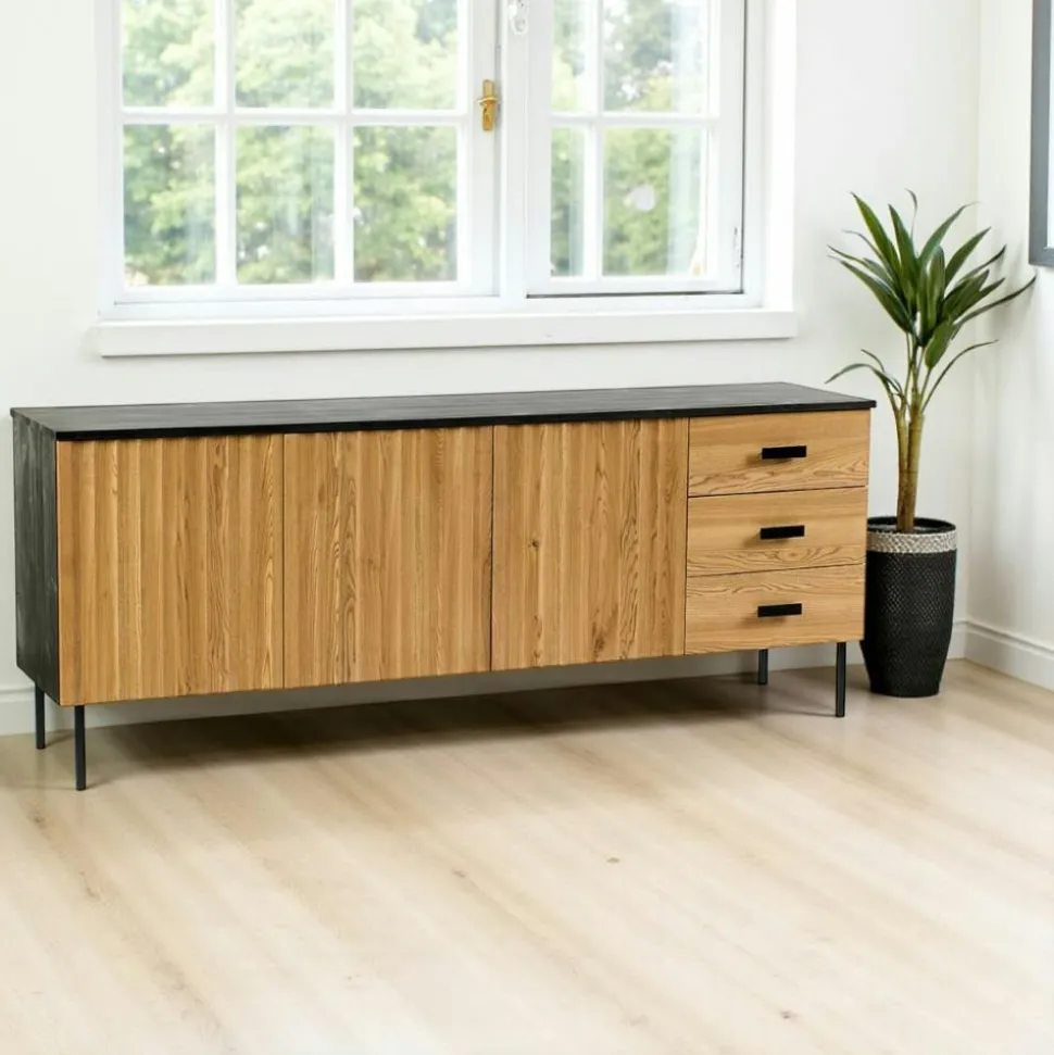 Buffet bas 2 portes en bois bicolore, façade ondulée TARAN