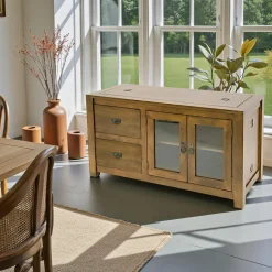Buffet bas Hévéa 2 portes vitrées, 2 tiroirs 120x50x65cm TESSA