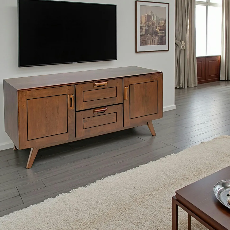 Buffet bas vintage hévéa massif 130x42x60cm SIXTIES