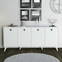 Buffet blanc moderne 4 portes, poignées à anneaux UMEA