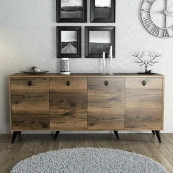 Buffet blanc moderne 4 portes, poignées à anneaux UMEA
