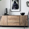 Buffet contemporain chêne massif encadrement métal noir HUDSON