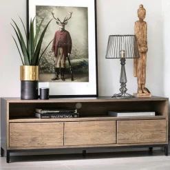 Buffet contemporain chêne massif encadrement métal noir HUDSON