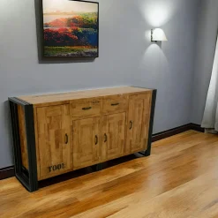 Buffet enfilade hévéa recyclé naturel et métal noirci 4 portes 2 tiroirs 180X45X90cm DOCKER