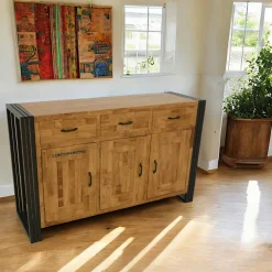 Buffet enfilade hévéa recyclé naturel et métal noirci 3 tiroirs 3 portes 150X45X90cm DOCKER